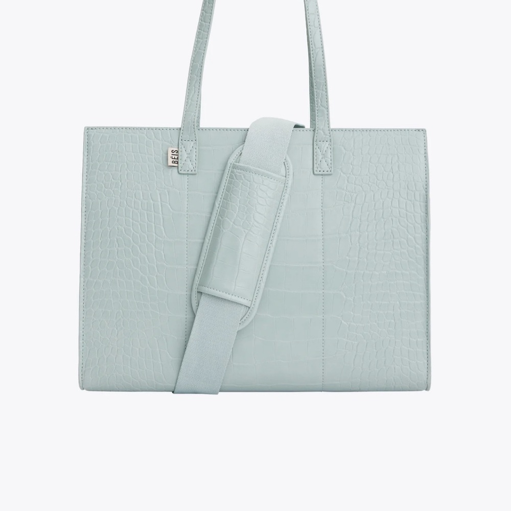 BEIS Light Blue Croc-Embossed Tote with Shoulder Strap